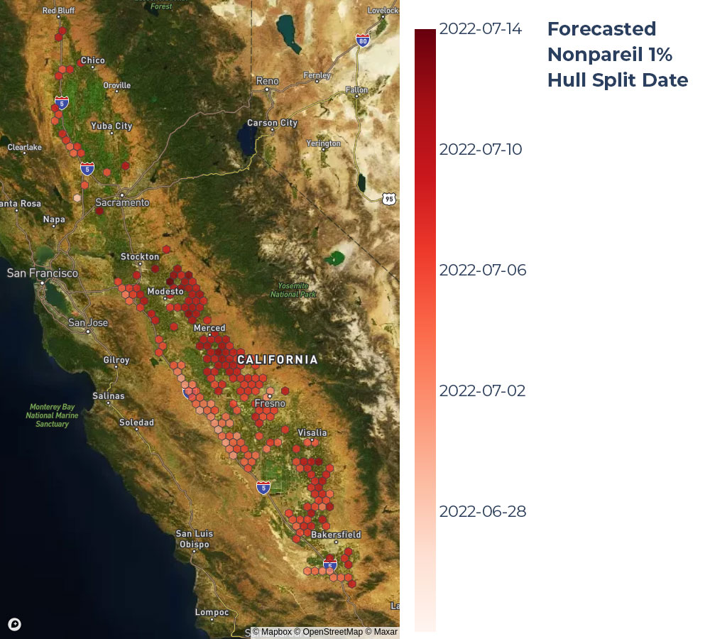 Map of California showing forecasted hull split dates
