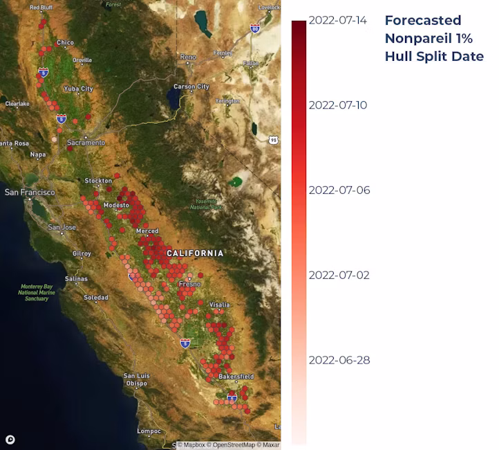 Map of California showing forecasted hull split dates
