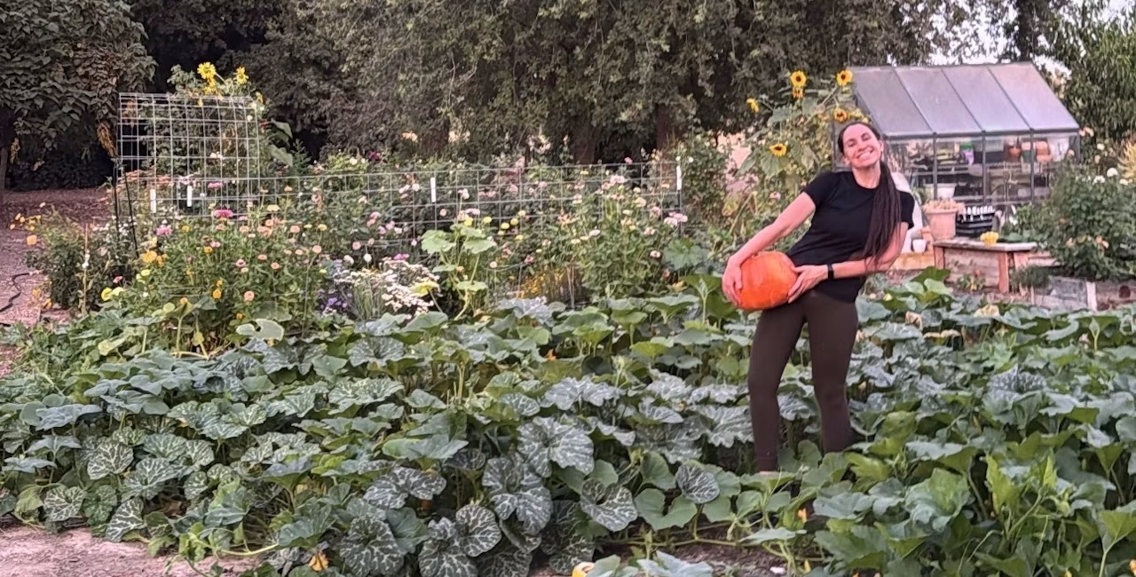 Ashlee holding a pumpkin in a garden