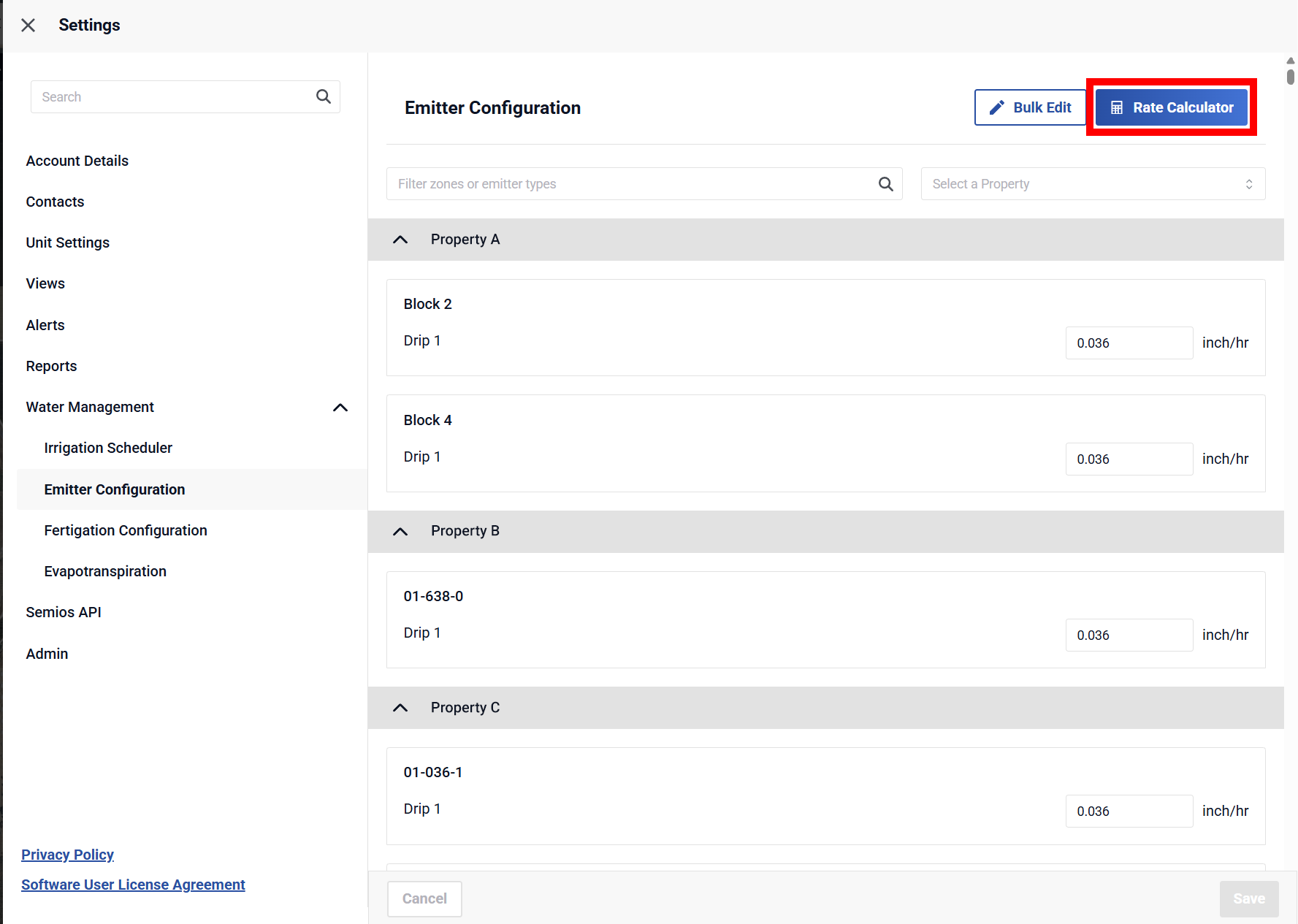 Screenshot of the Semios app emitter configuration settings page