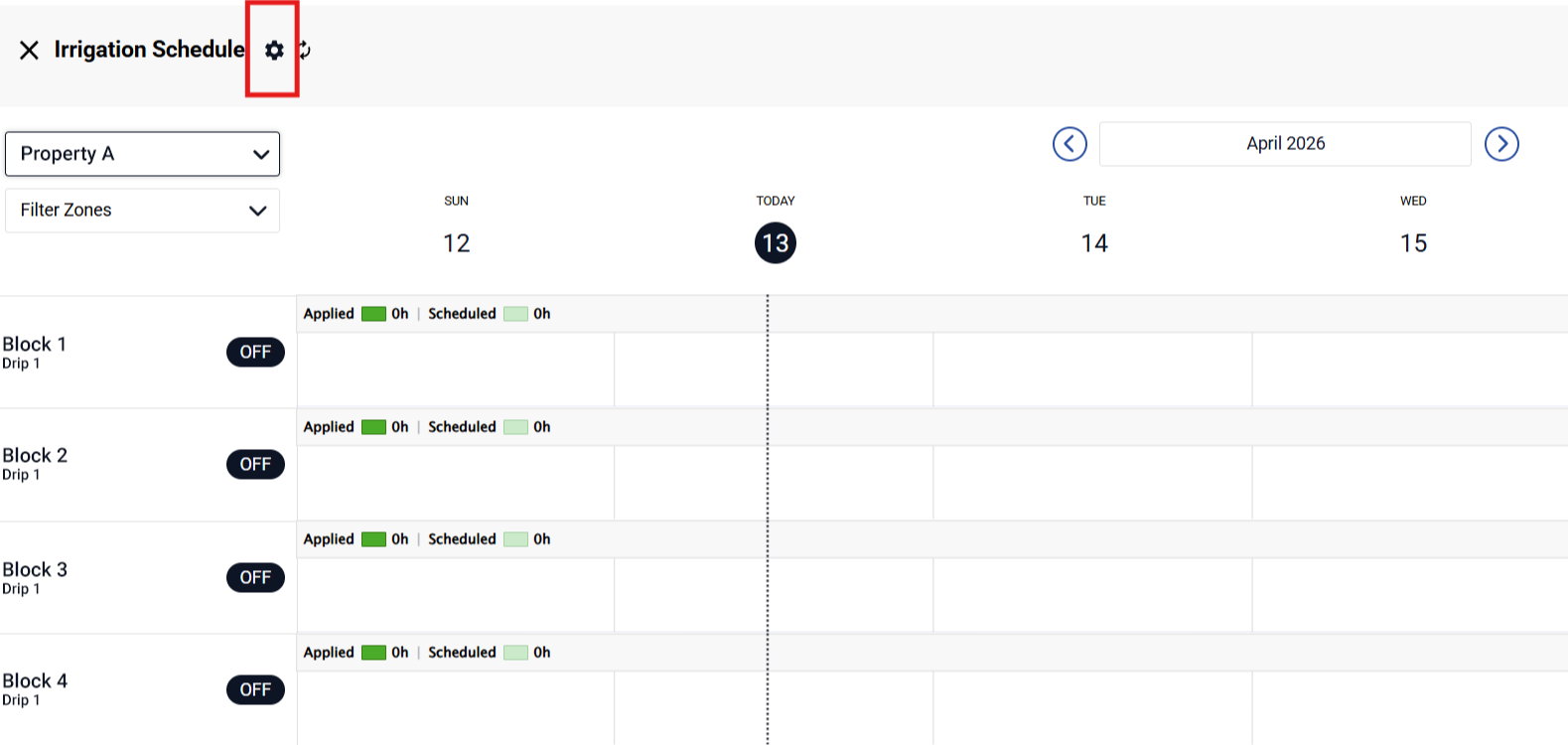 Screenshot of the Semios irrigation scheduler page