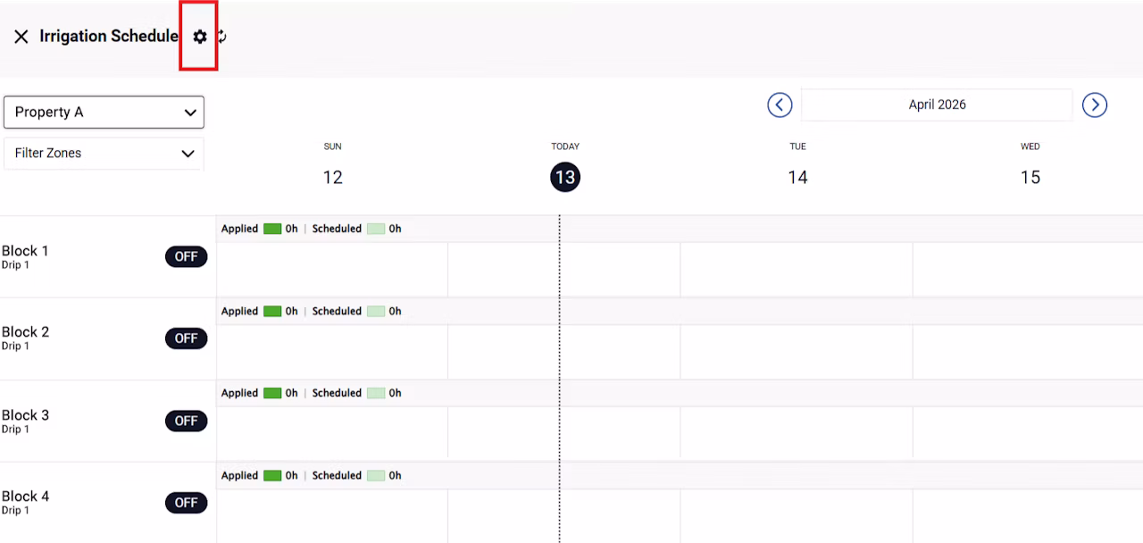 Screenshot of the Semios irrigation scheduler page