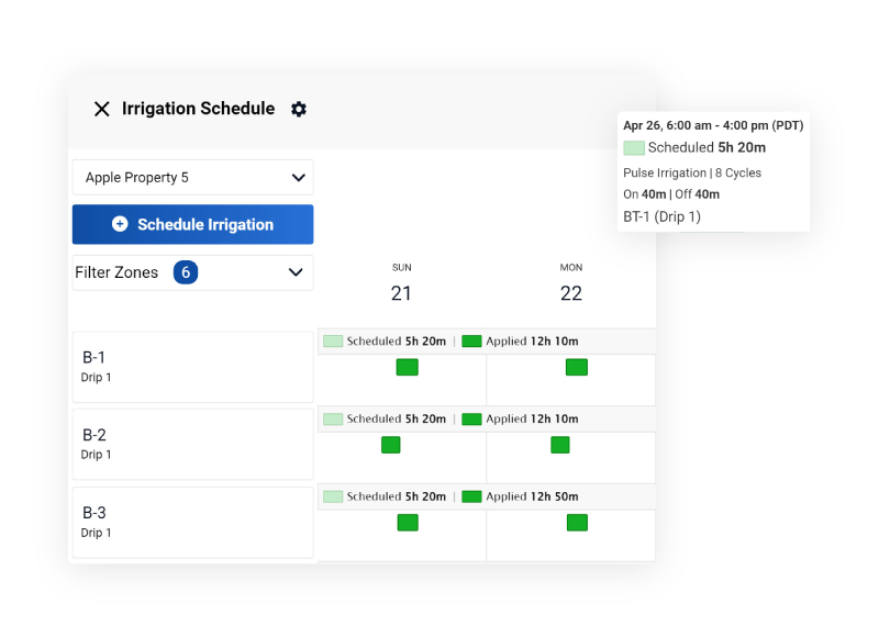 Irrigation scheduler interface in the Semios app showing scheduled and applied irrigation events