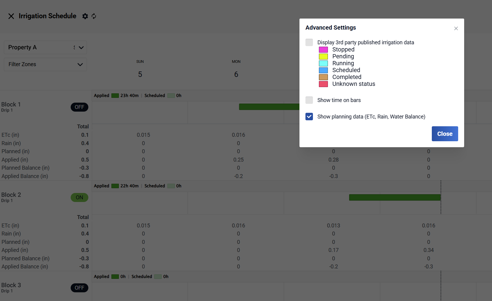 Screenshot showing the Semios irrigation planner's advanced settings options