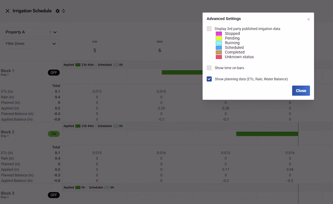 Screenshot showing the Semios irrigation planner's advanced settings options