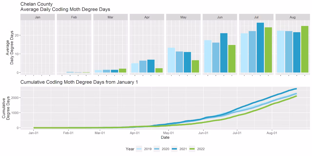 Graphs showing the average daily degree days and cumulative degree days in Chelan County for the past four years.