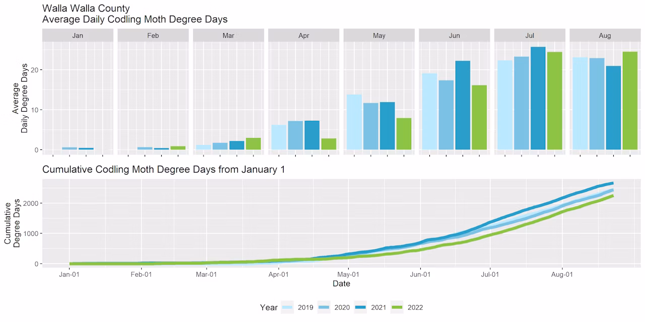 Graphs showing the average daily degree days and cumulative degree days in Walla Walla County for the past four years.