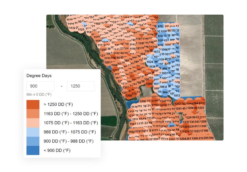 Screenshot of the per-acre degree days heatmap in the Semios app
