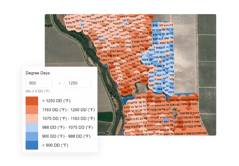 Screenshot of the per-acre degree days heatmap in the Semios app