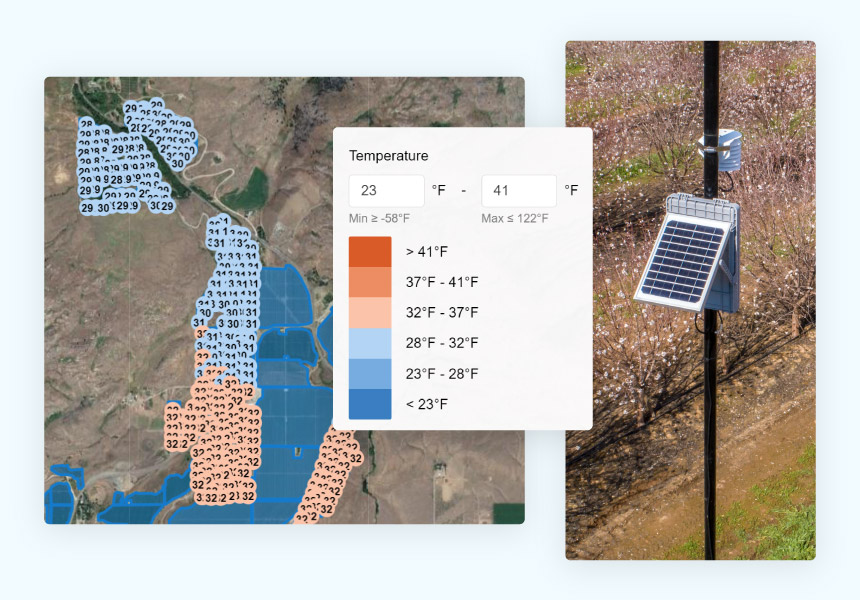 Per-acre temperature heatmap and a Semios weather station in the field