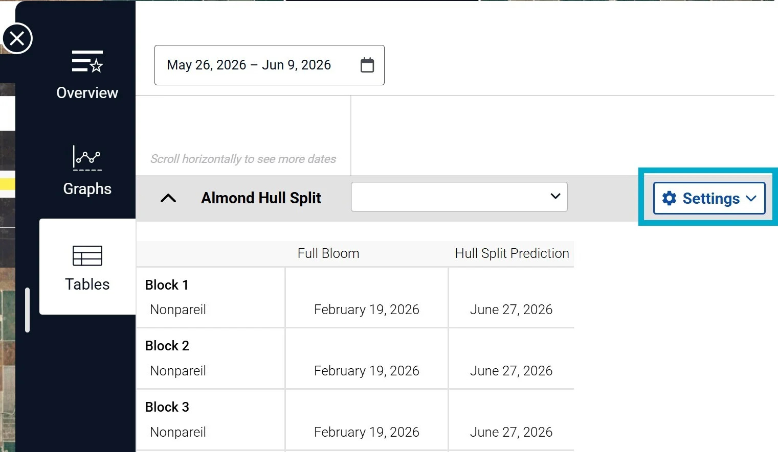 Almond hull split section with a Settings button highlighted