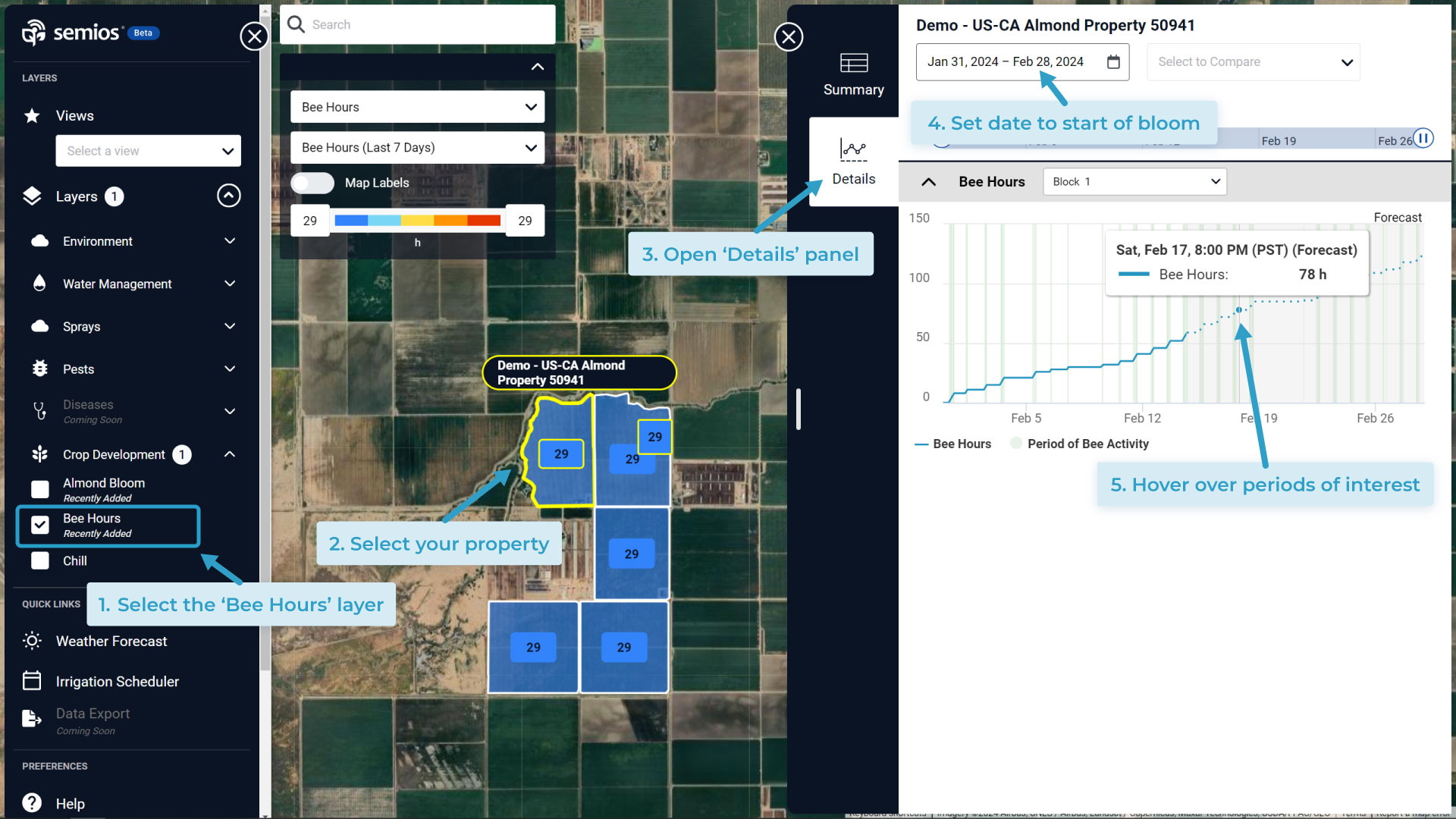 Screenshot of the Semios Live platform's Pollination page, showing a bee hours: cumulative hours & period of activity graph