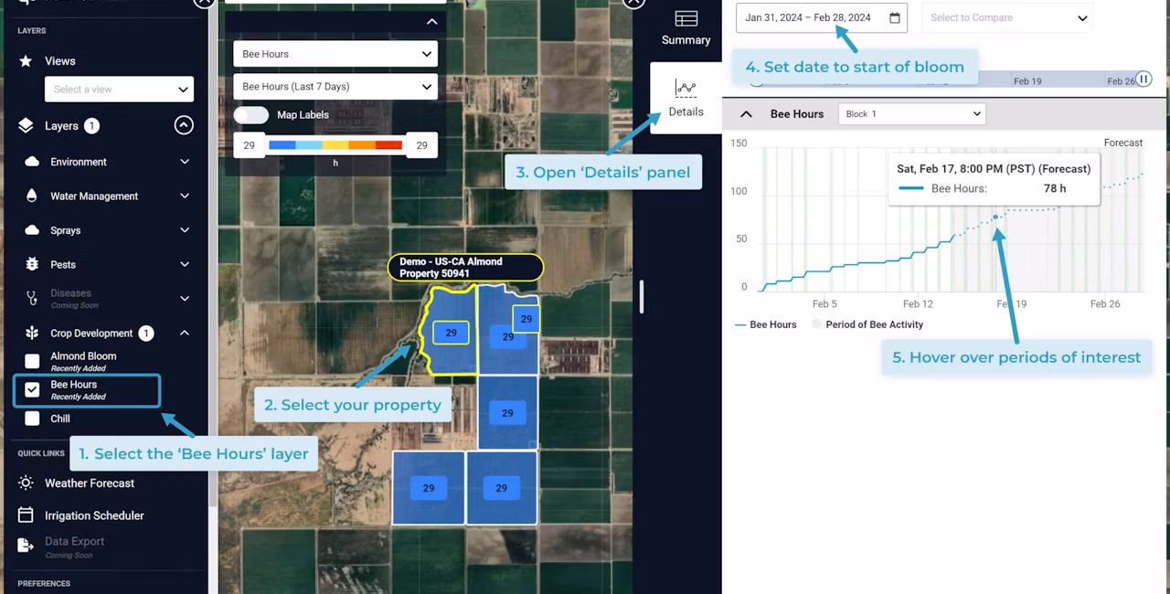 Screenshot of bee hours data on the Semios platform