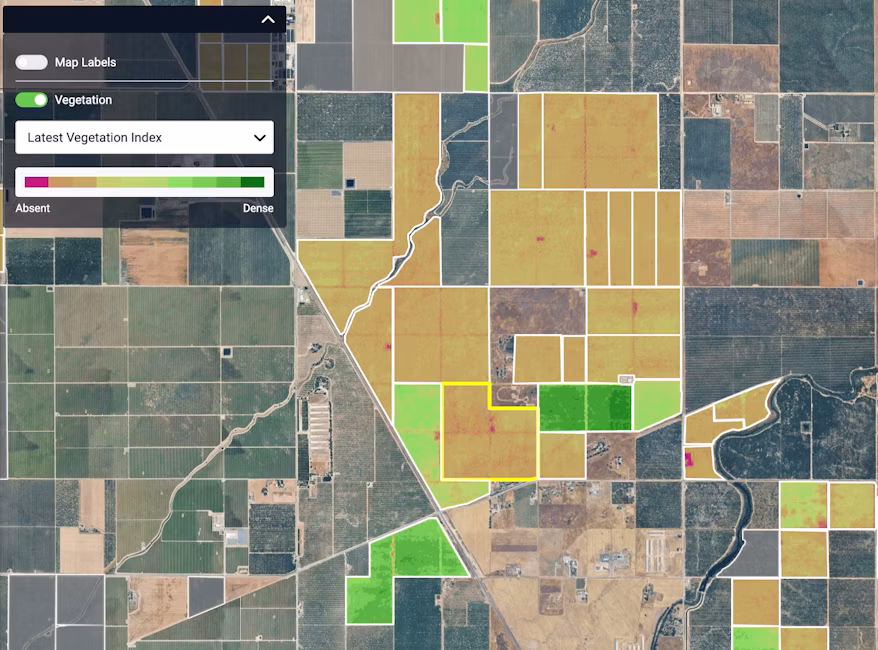 Screenshot from the Semios app, showing NDVI values on a map