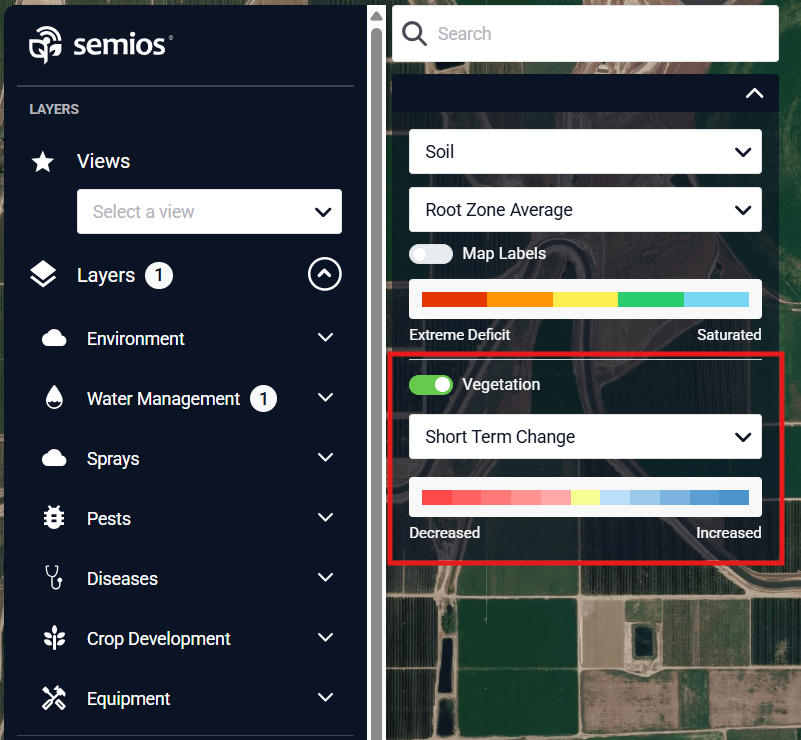 Screenshot from the Semios app, showing a toggle for Vegetation on a map