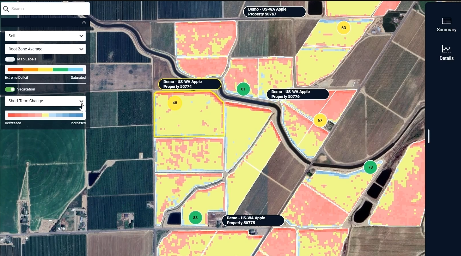 Screenshot from the Semios app, showing blocks with a lot of yellow and red NDVI values