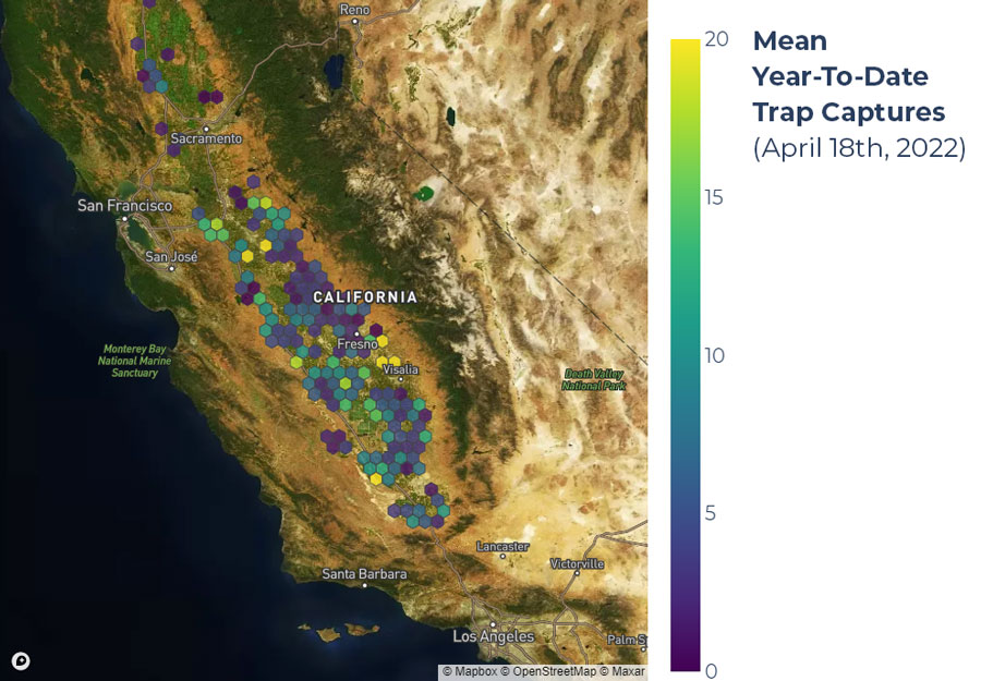 Map showing mean year-to-date trap captures as of April 18th, 2022