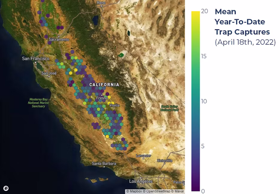 Map showing mean year-to-date trap captures as of April 18th, 2022