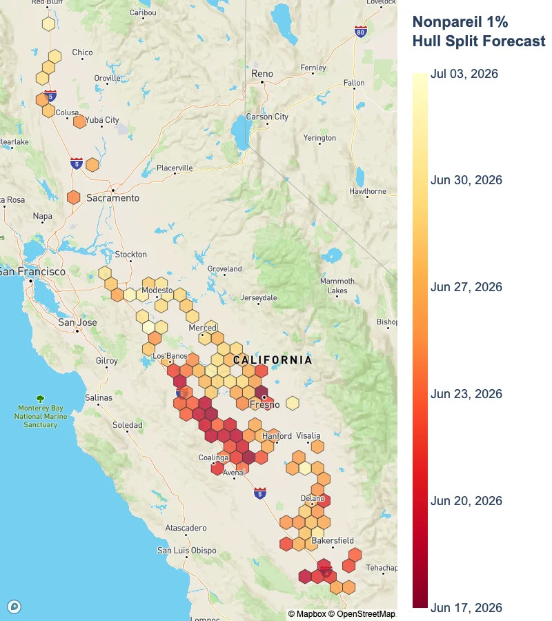 Map of the 2026 1% hull split forecast dates