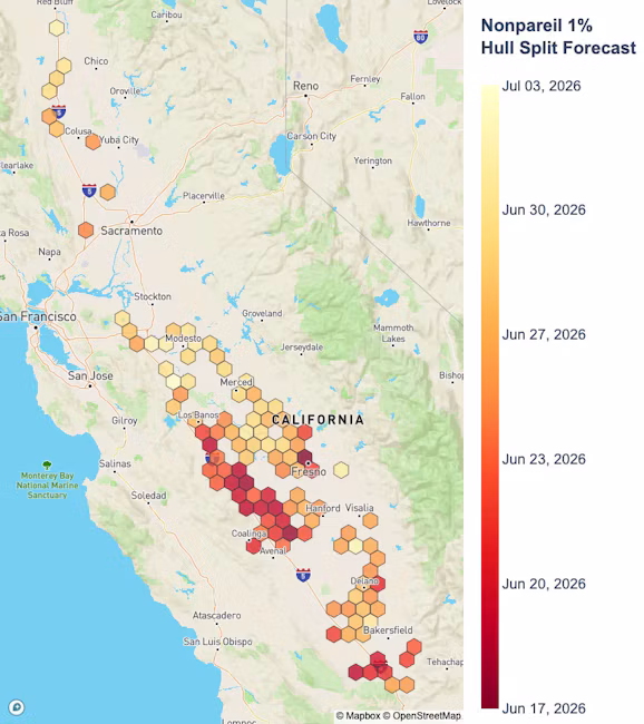 Map of the 2026 1% hull split forecast dates