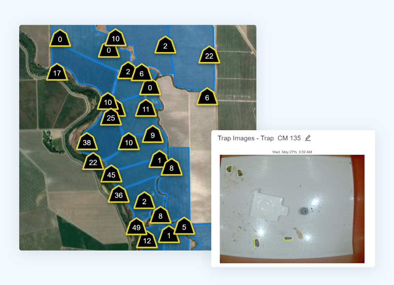 Map of automated camera traps installed at a farm, showing total trap counts and an example of a codling moth trap image