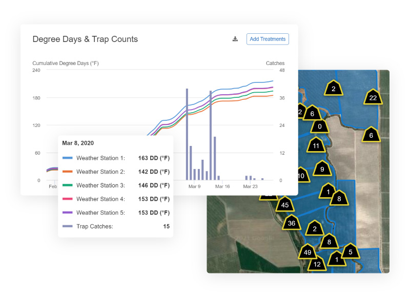 Graph showing cumulative degree days and trap counts over time, and a map showing total trap counts