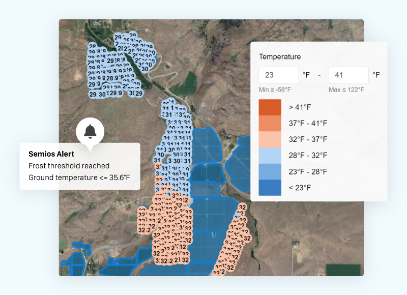 Per-acre temperature heatmap highlights cold spots at an orchard with a frost alert