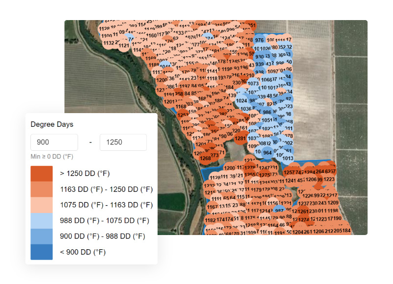 A map showing the variations in degree days at a per-acre level, and the hot and cold spots in an orchard