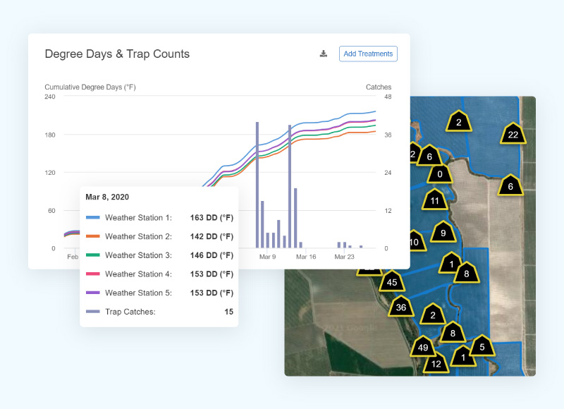 Graph showing cumulative degree days and trap counts over time, and a map showing total trap counts