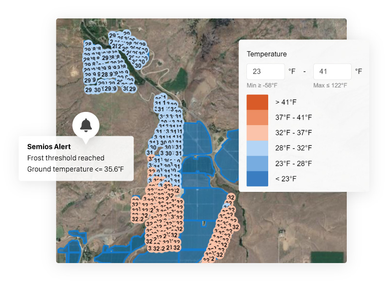 Per-acre temperature heatmap highlights cold spots at an orchard with a frost alert