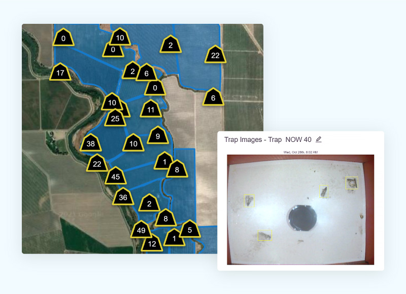Map of automated camera traps installed at a farm, showing total trap counts and an example of a trap image