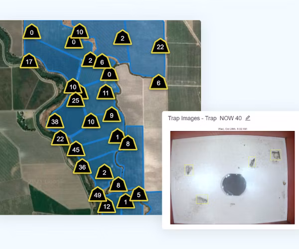 Map of automated camera traps installed at a farm, showing total trap counts and an example of a trap image