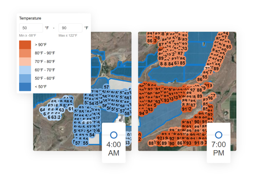 Semios temperature heatmaps show in-canopy temperature readings on every acre every 10 minutes
