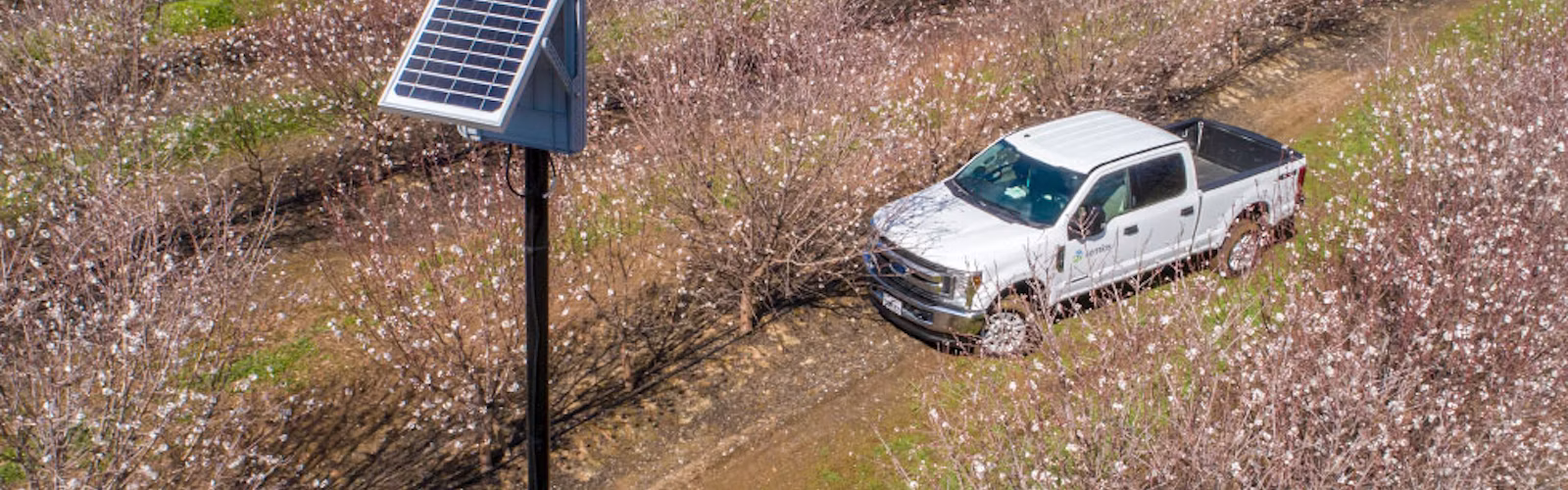 Semios service truck in the field of an almond orchard during bloom