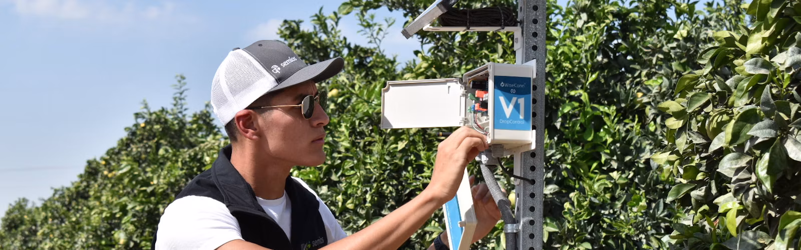 Semios field technician installing a WiseConn DropControl box in an orchard