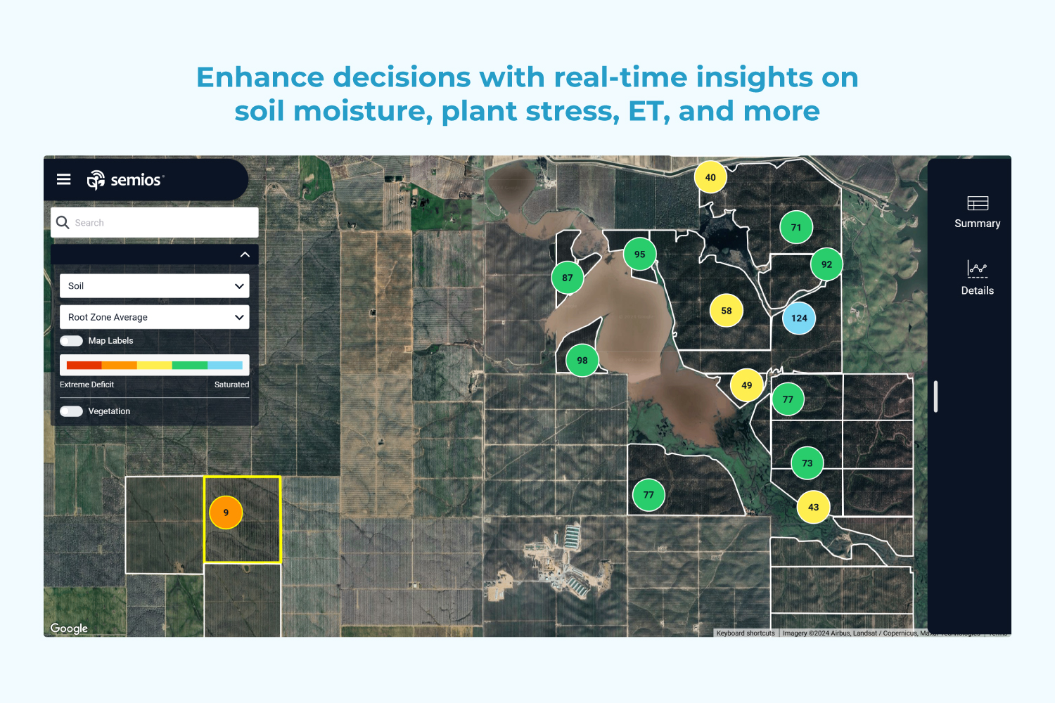 Semios app's map overview showing average available water content at each soil moisture probe