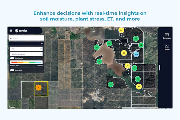 Semios app's map overview showing average available water content at each soil moisture probe